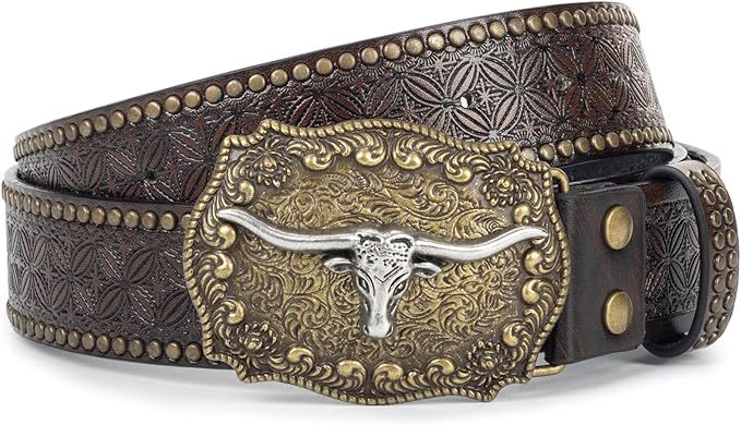 Ceinture homme en cuir clouté — gravure western, boucle appa — coloris