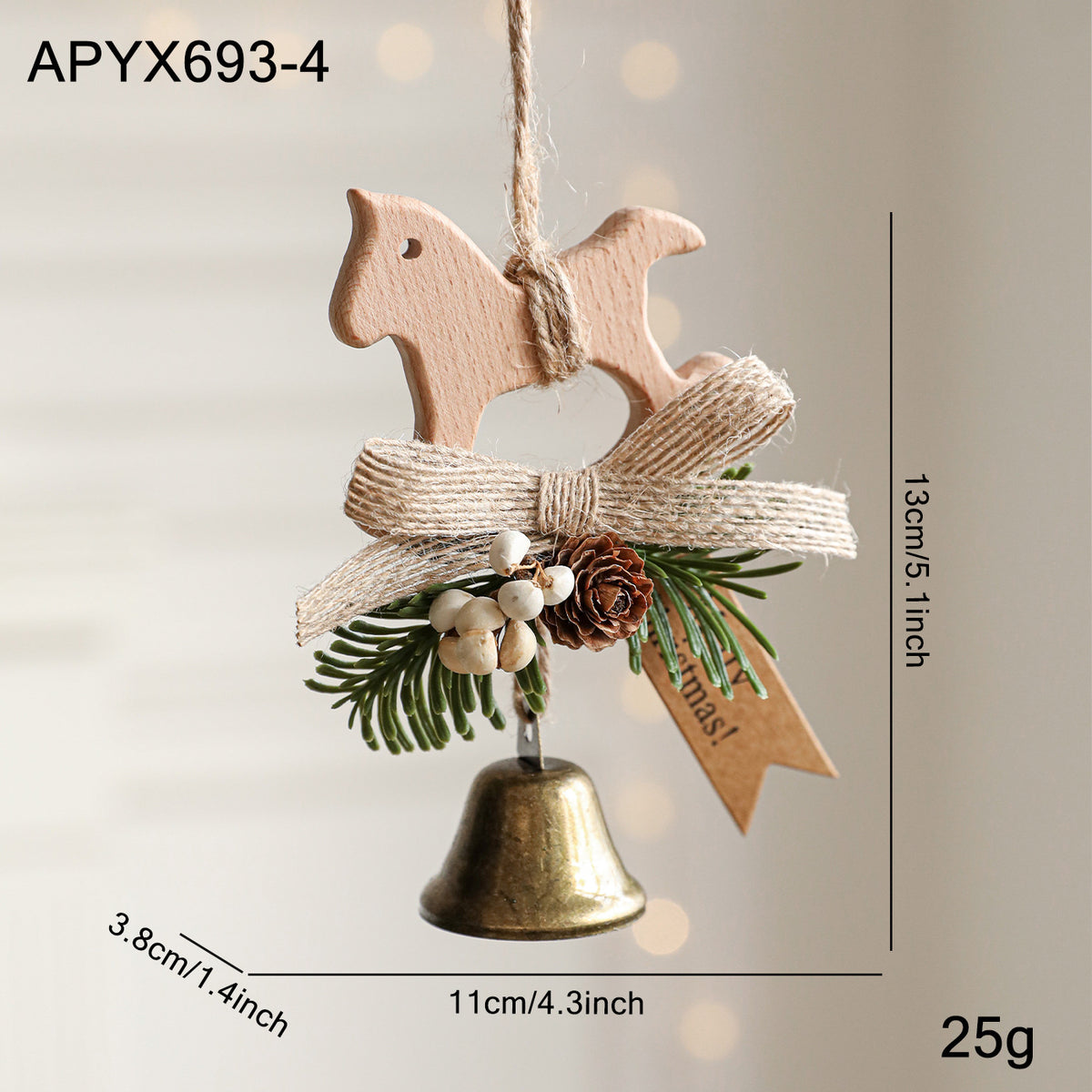 Suspension de Noël — cheval en bois, clochette et branche de — coloris