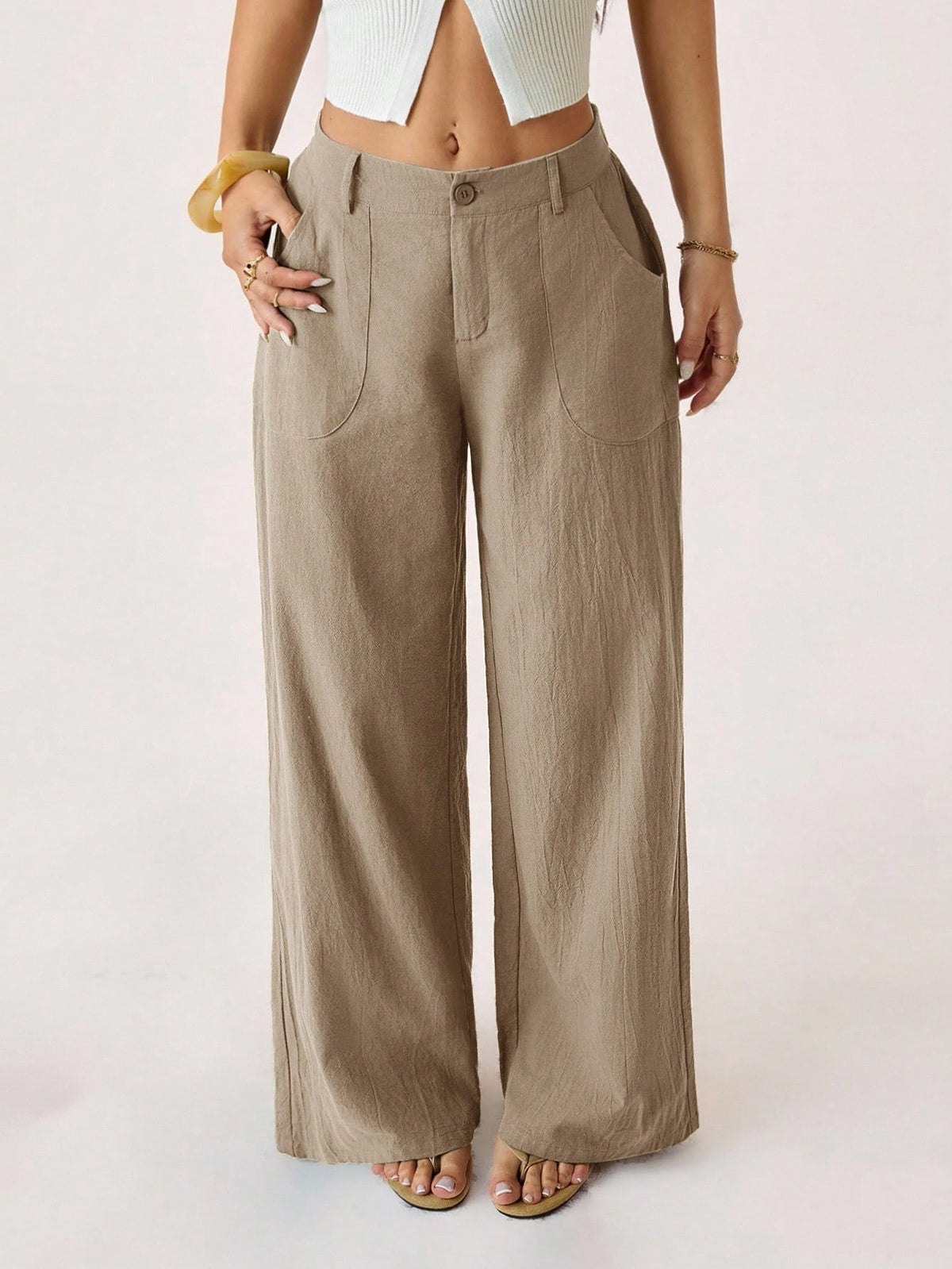 Pantalon large aspect coton-lin à poches plaquées — coloris