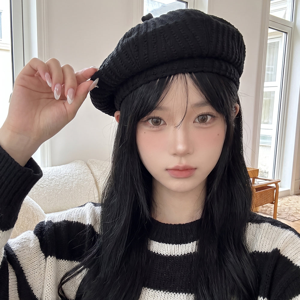 Béret femme en maille texturée — style rétro, noir ou blanc