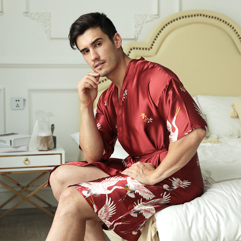 Robe de chambre mi-longue satinée à motif imprimé