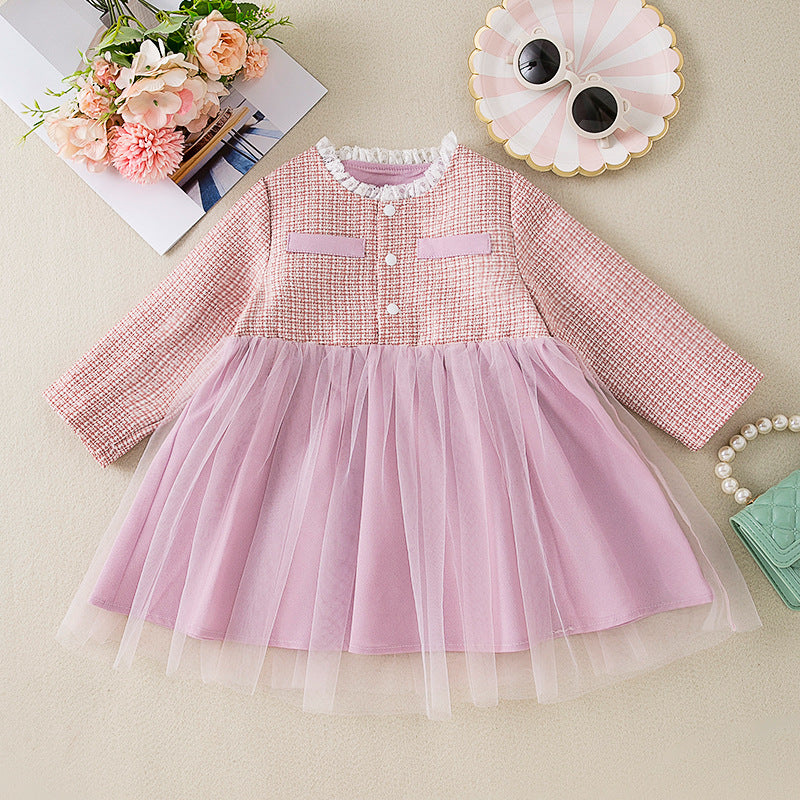 Robe bébé fille effet tweed et jupe en tulle — col en dentelle