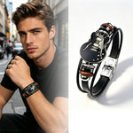 Bracelet homme en cuir véritable motif guitare — boucle en acier titane