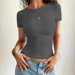 T-shirt court près du corps — col rond, maille extensible — coloris