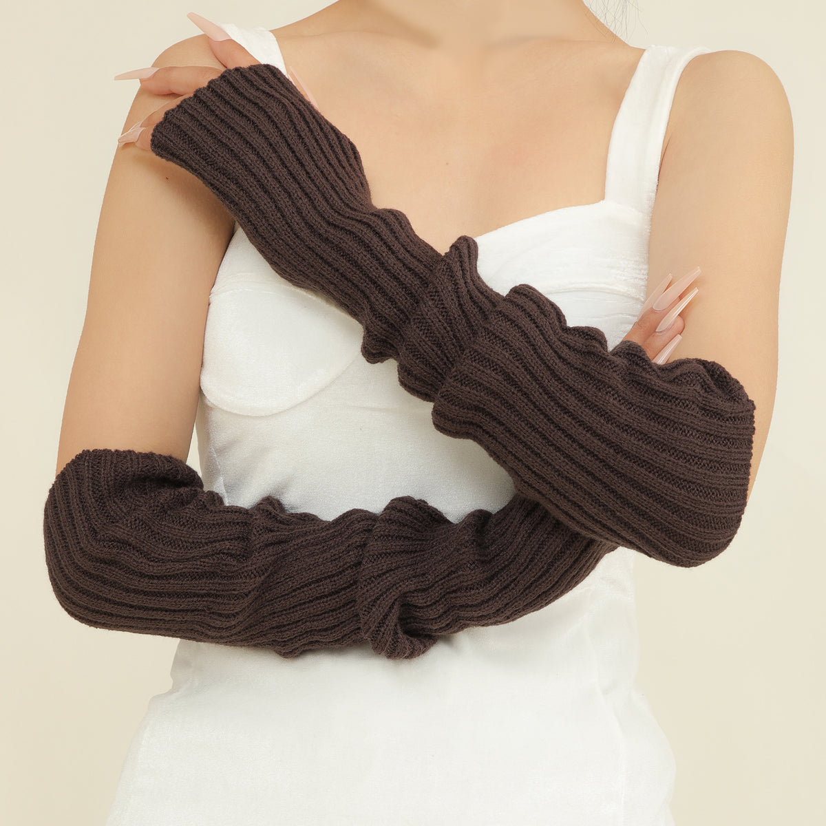 Longues manchettes en maille côtelée femme — mitaines 50 cm — coloris