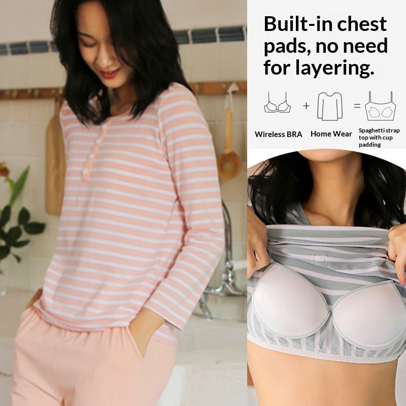 Pyjama long à rayures, haut boutonné et pantalon uni