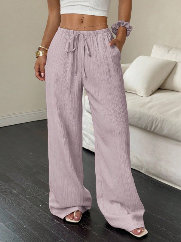 Pantalon large en gaze froissée, taille à cordon
