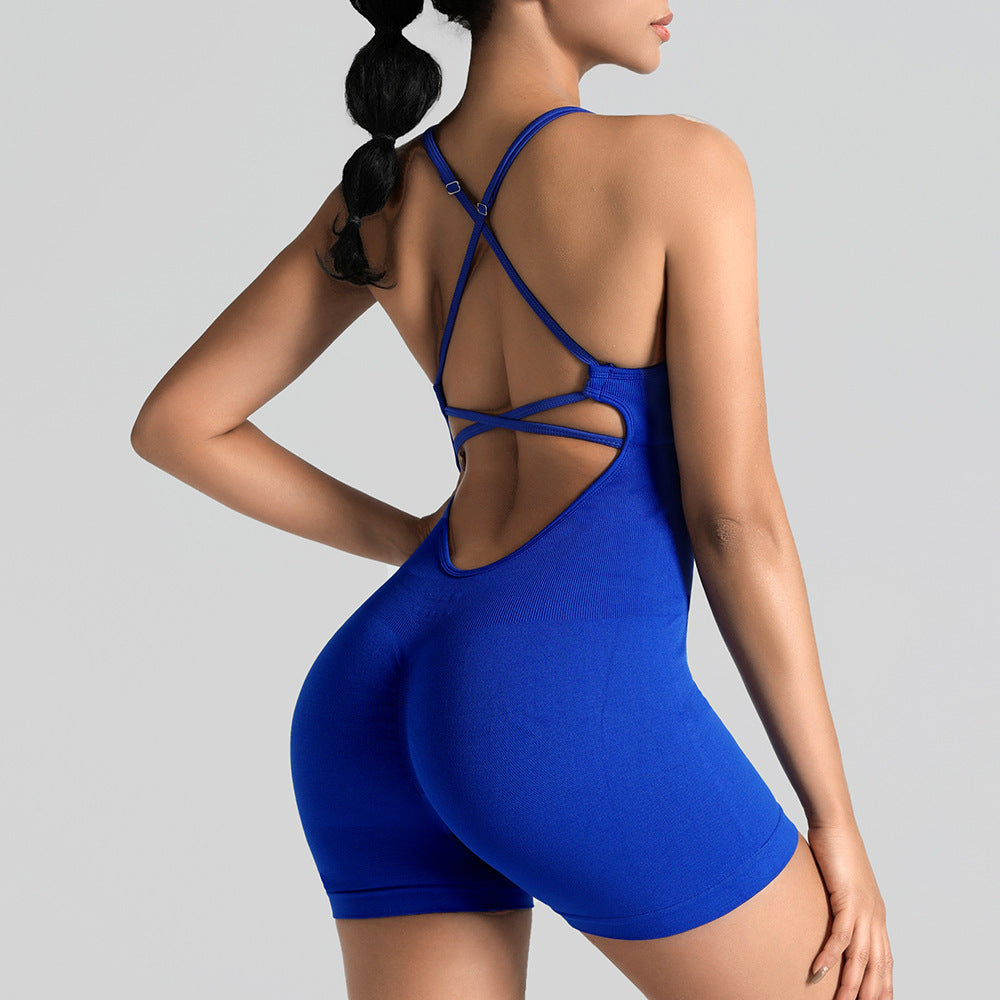Combishort de sport sans coutures à dos croisé — avec coques — coloris