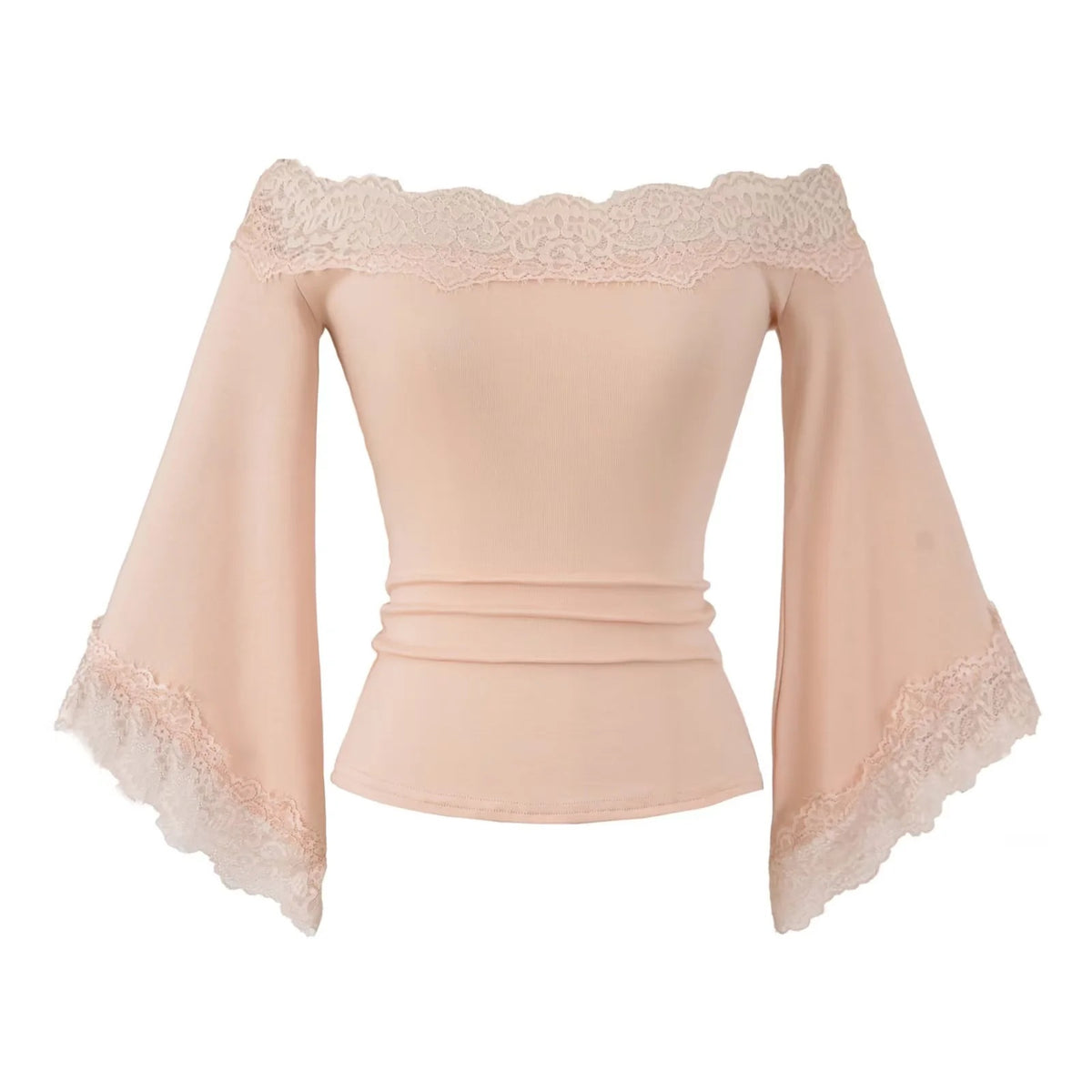Top col Bardot à manches évasées bordées de dentelle
