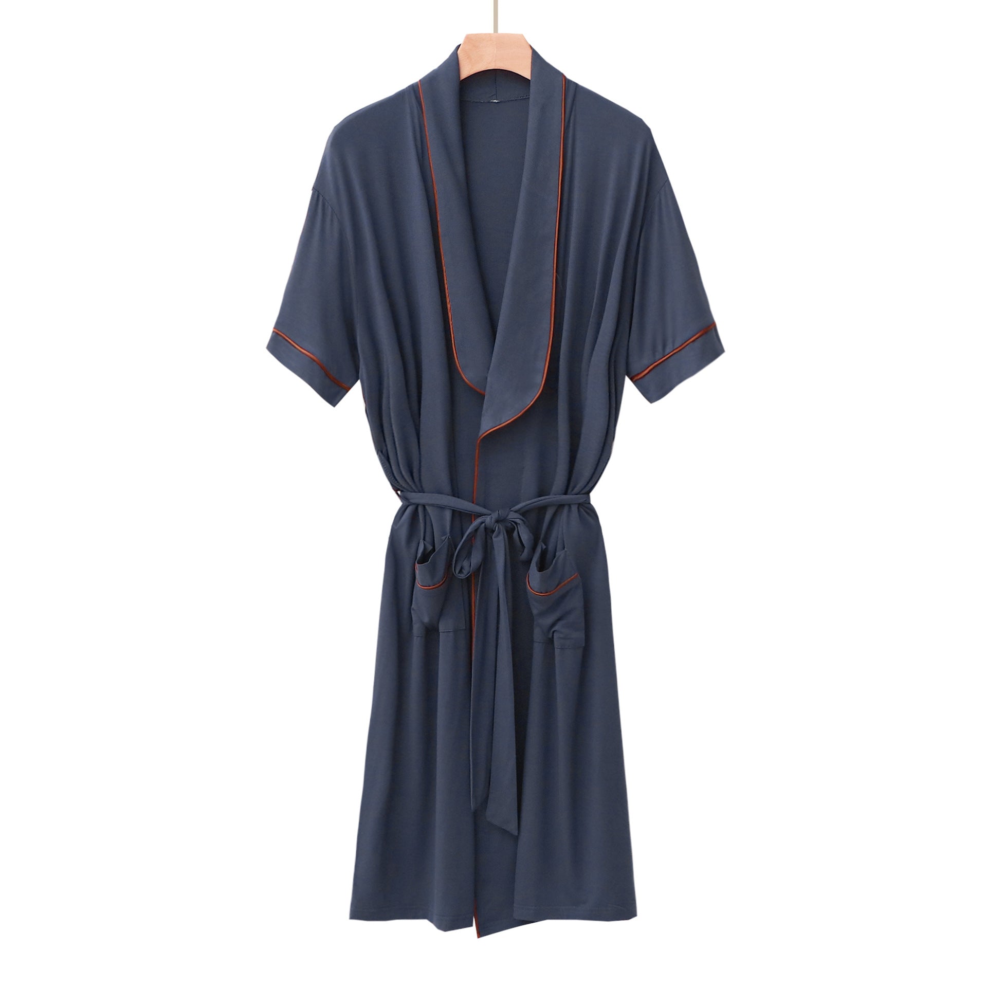Peignoir mi-long à col mao et ceinture — manches courtes