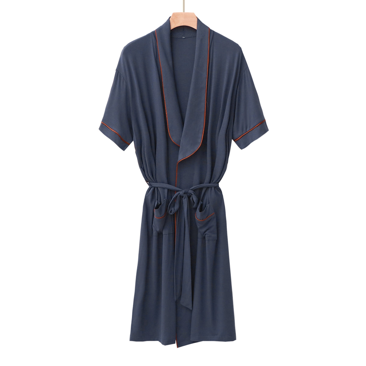 Peignoir mi-long à col mao et ceinture — manches courtes