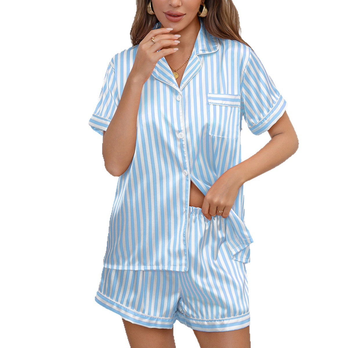 Pyjama satiné à rayures, chemise manches courtes et short