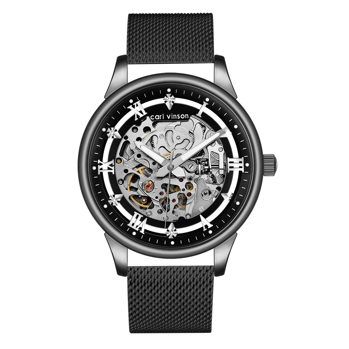 Montre automatique à cadran squelette et bracelet acier maillé