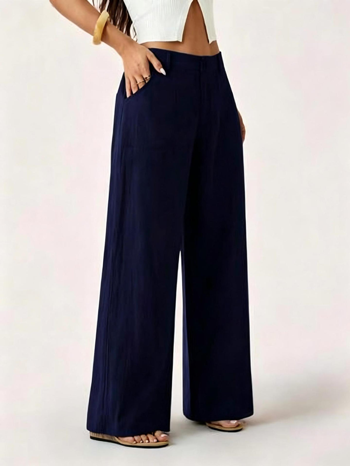 Pantalon large aspect coton-lin à poches plaquées — coloris