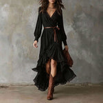 Robe longue portefeuille à volants asymétriques
