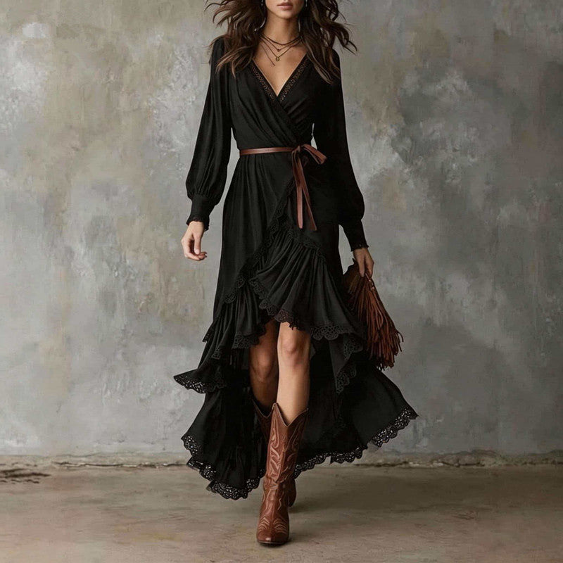 Robe longue portefeuille à volants asymétriques