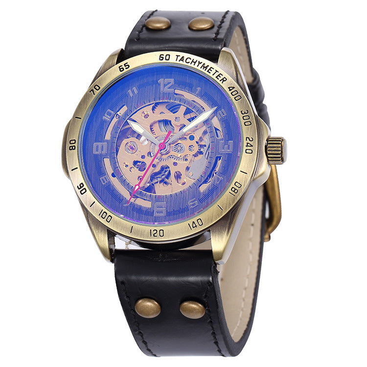 Montre automatique homme en bronze vieilli, cadran bleu squelette