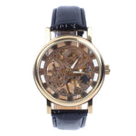 Montre mécanique squelette dorée à bracelet cuir noir