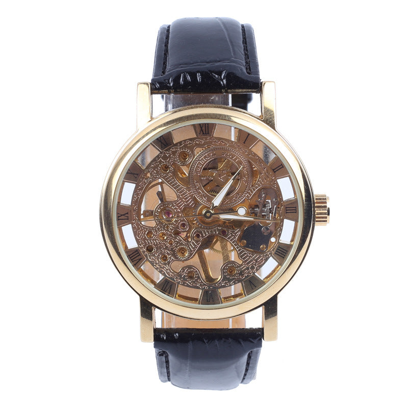Montre mécanique squelette dorée à bracelet cuir noir