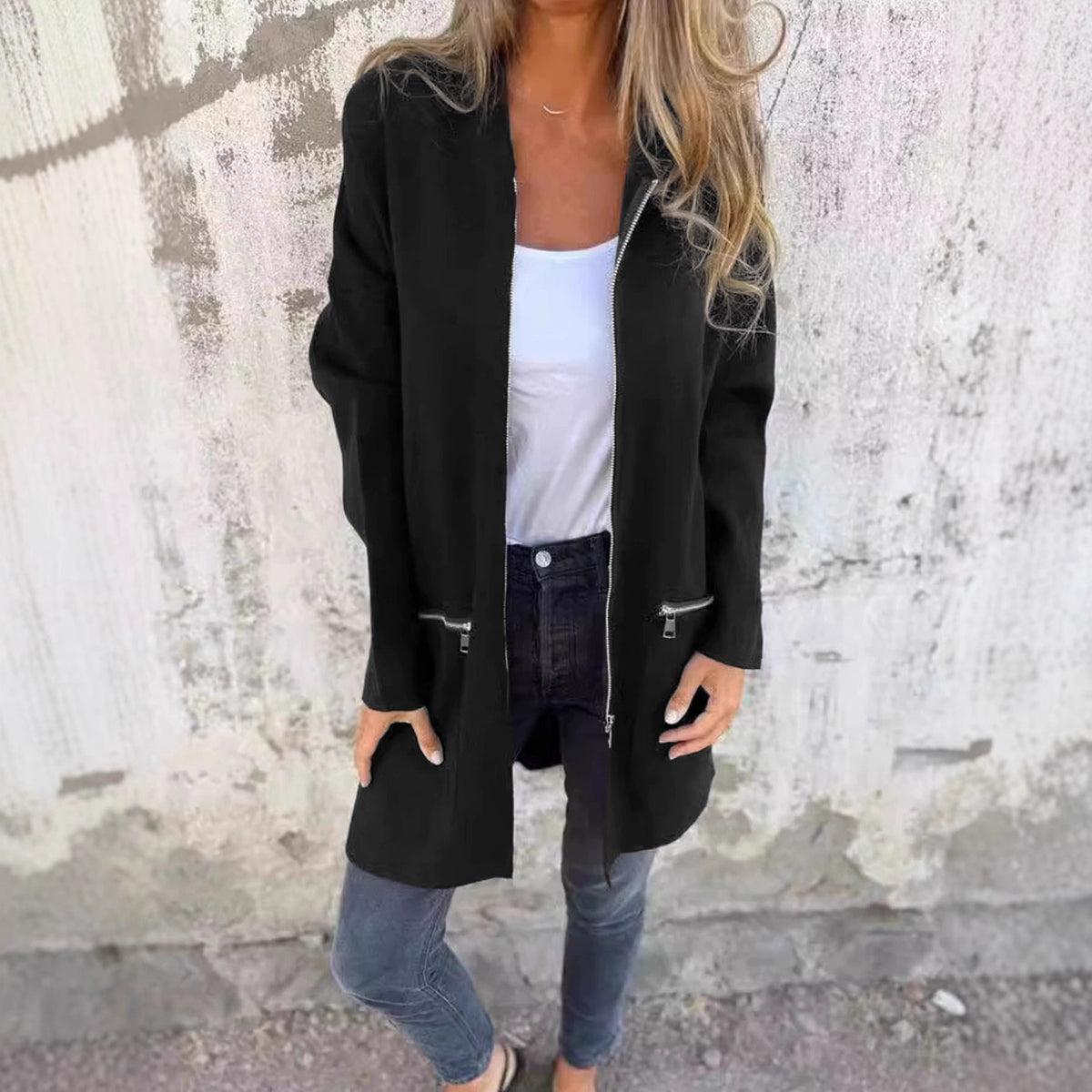 Veste longue à capuche, poches zippées