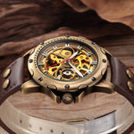 Montre automatique steampunk homme, boîtier bronze à vis apparentes