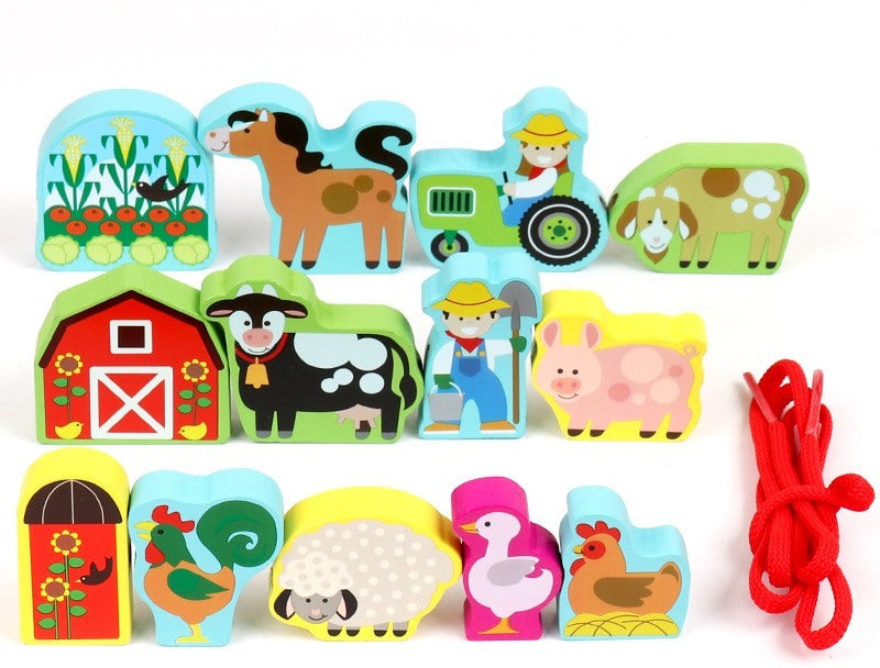 Perles à lacer en bois — animaux de la ferme, lettres et véhicules