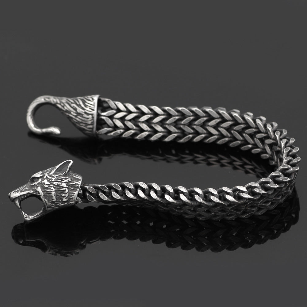 Bracelet homme tête de loup — maille cubaine en acier inoxydable noir