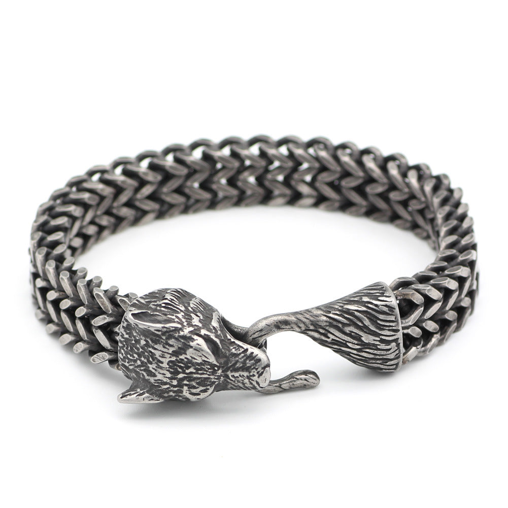 Bracelet homme tête de loup — maille cubaine en acier inoxydable noir