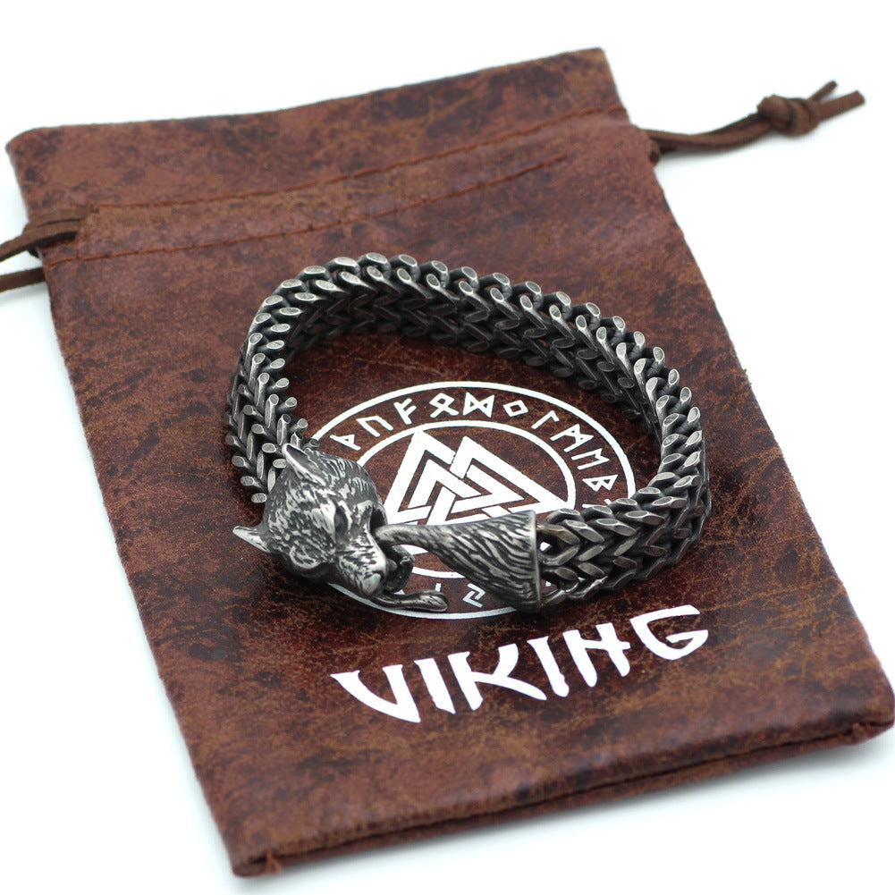 Bracelet homme tête de loup — maille cubaine en acier inoxydable noir