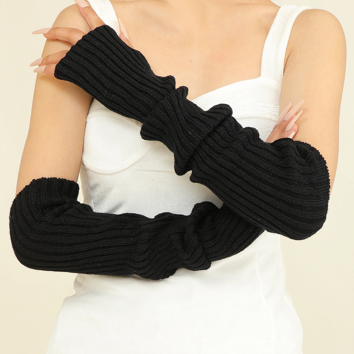 Longues manchettes en maille côtelée femme — mitaines 50 cm — coloris