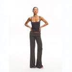 Pantalon large gris à taille repliée cloutée
