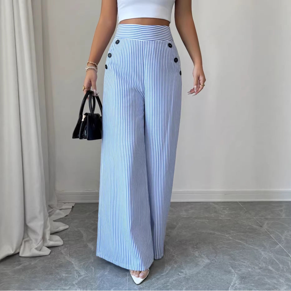 Pantalon large rayé, taille haute à boutons dorés