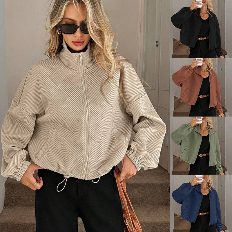 Veste zippée en maille gaufrée, bas à cordon