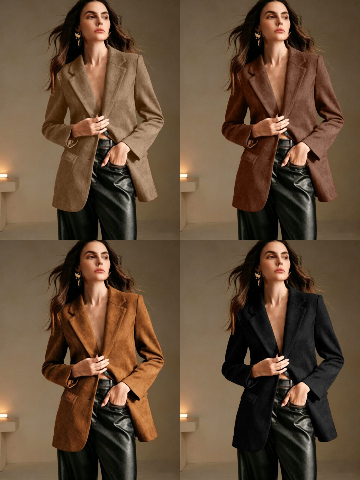 Blazer long aspect suédine, épaules structurées
