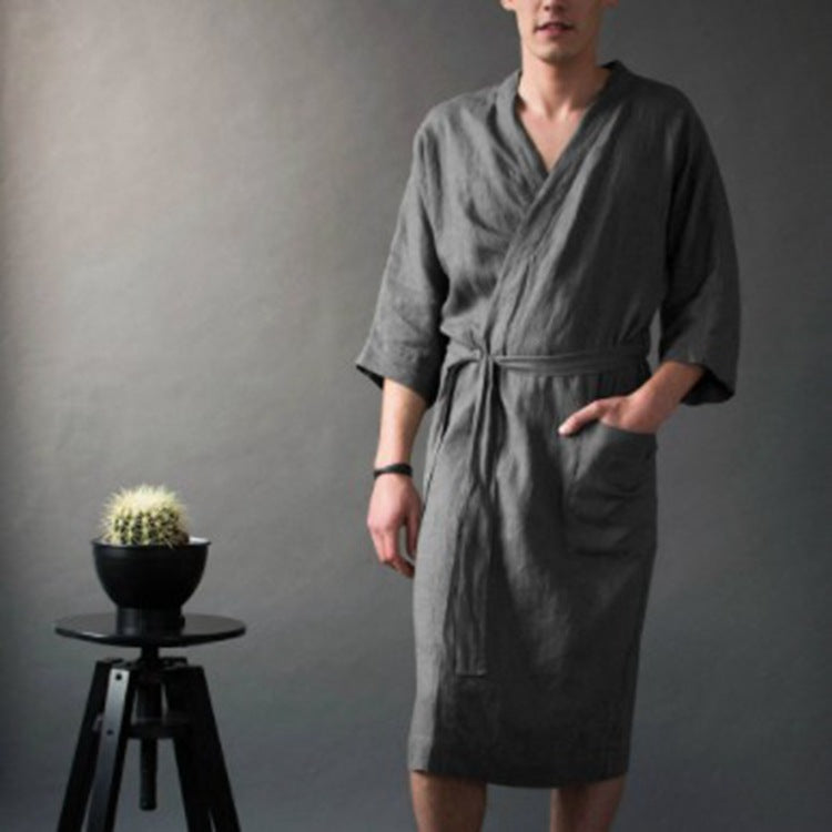 Peignoir long uni en lin mélangé — mixte — coloris