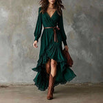 Robe longue portefeuille à volants asymétriques