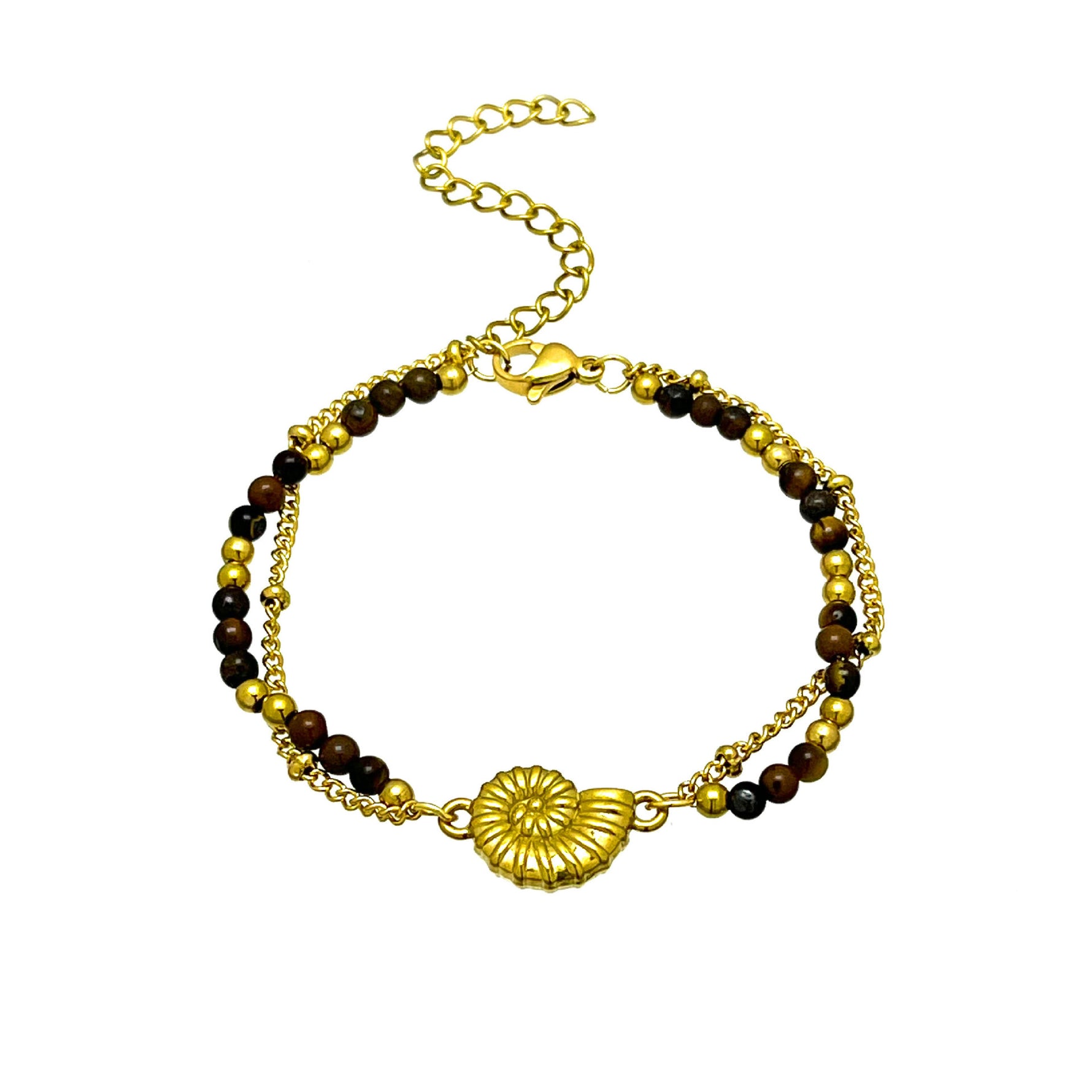 Bracelet femme double rang — coquillage et œil de tigre sur acier