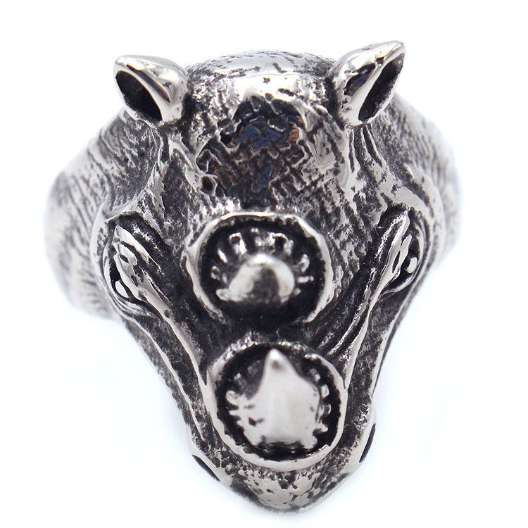 Bague homme tête de rhinocéros en acier titane