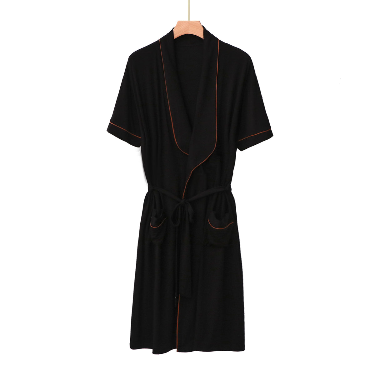 Peignoir mi-long à col mao et ceinture — manches courtes