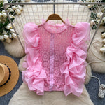 Top en dentelle à volants d’organza, taille unique