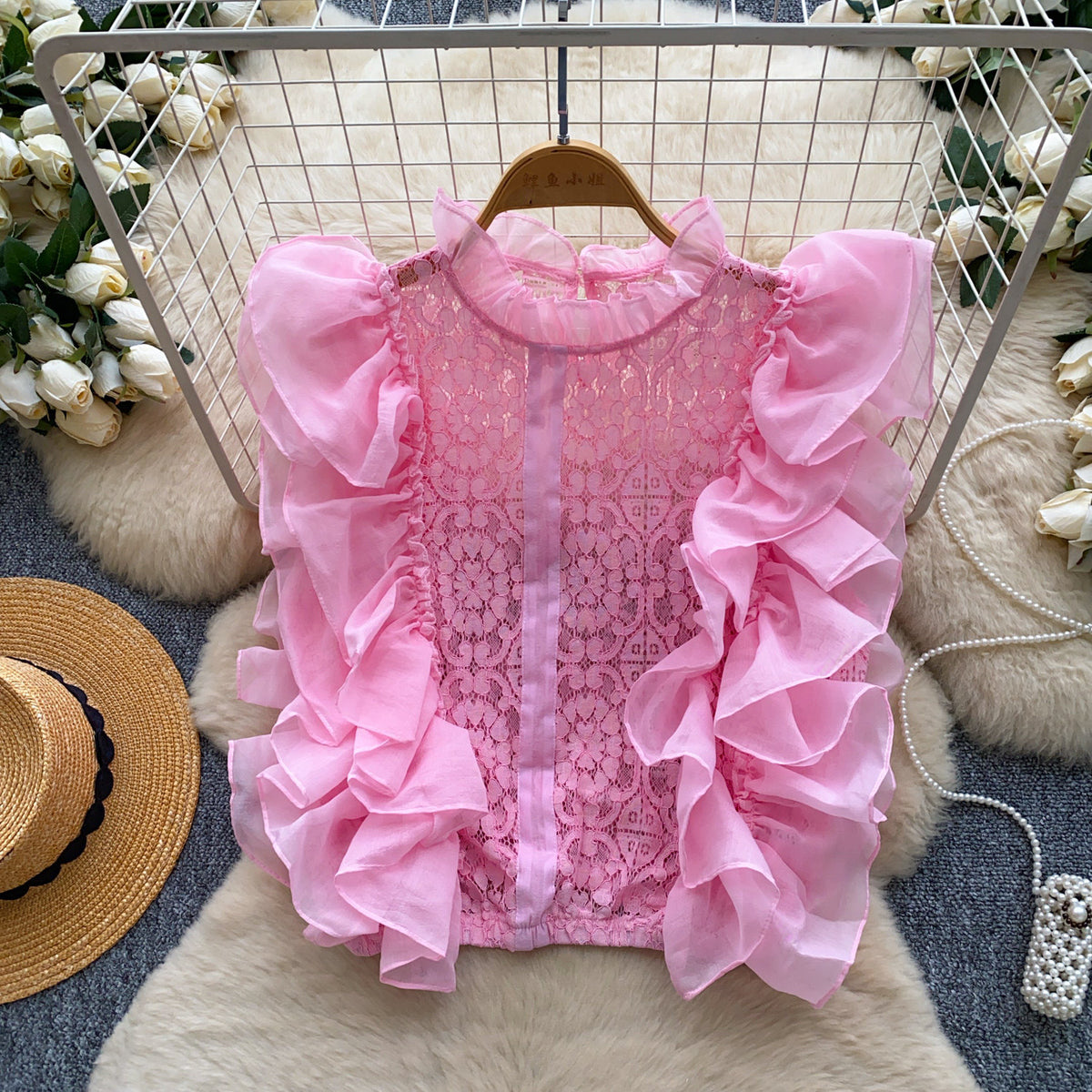 Top en dentelle à volants d’organza, taille unique