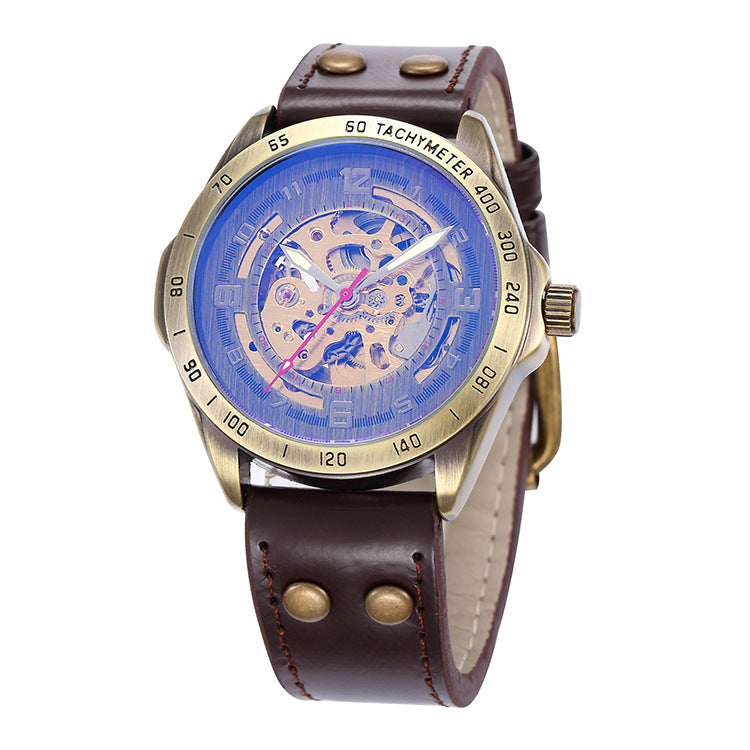 Montre automatique homme en bronze vieilli, cadran bleu squelette