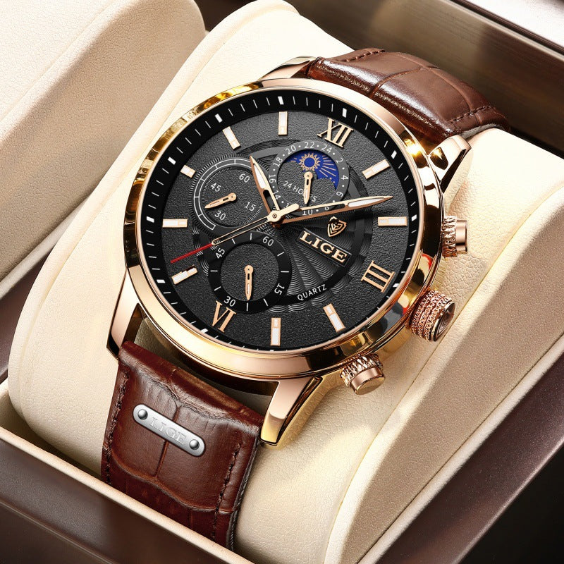 Montre homme multifonction à trois compteurs et bracelet cuir