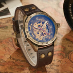 Montre automatique homme en bronze vieilli, cadran bleu squelette