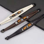 Bracelet homme multi-rangs en cuir et œil de tigre — fermoir acier