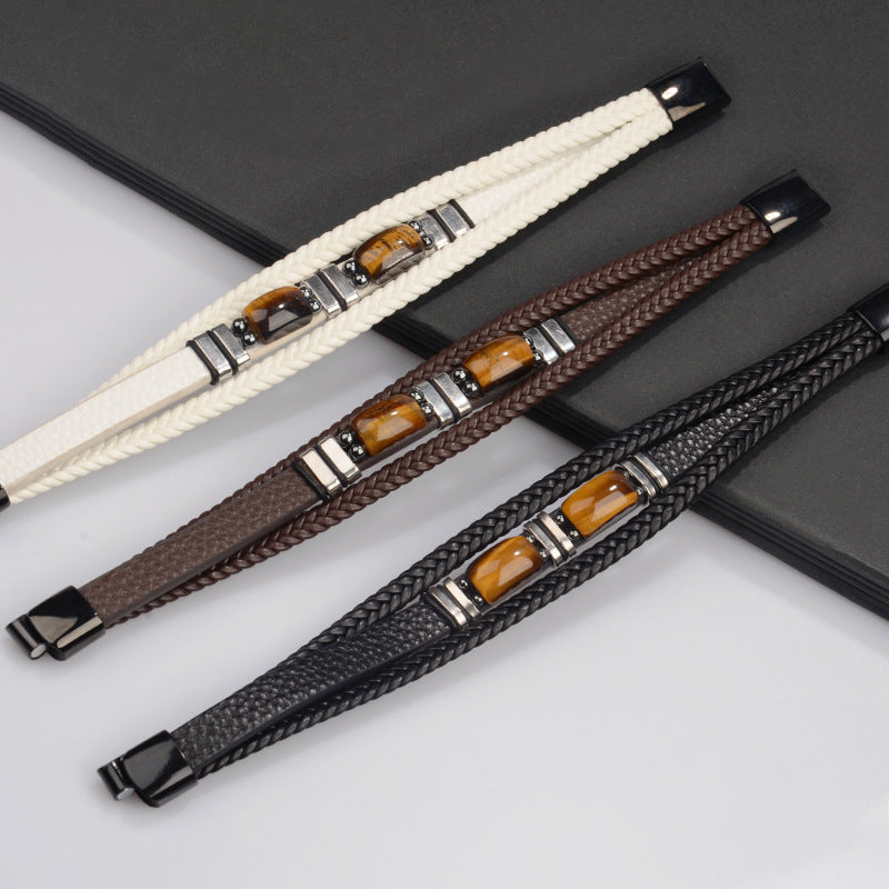 Bracelet homme multi-rangs en cuir et œil de tigre — fermoir acier