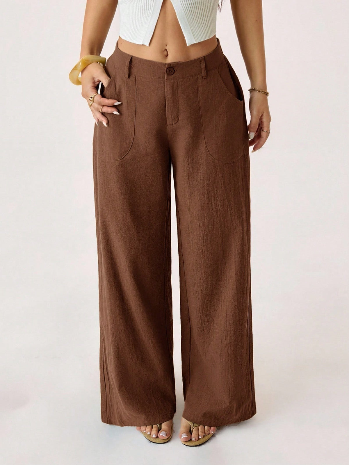 Pantalon large aspect coton-lin à poches plaquées — coloris