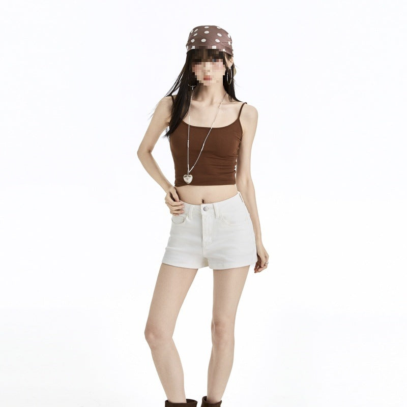 Short en jean blanc taille haute — coupe droite