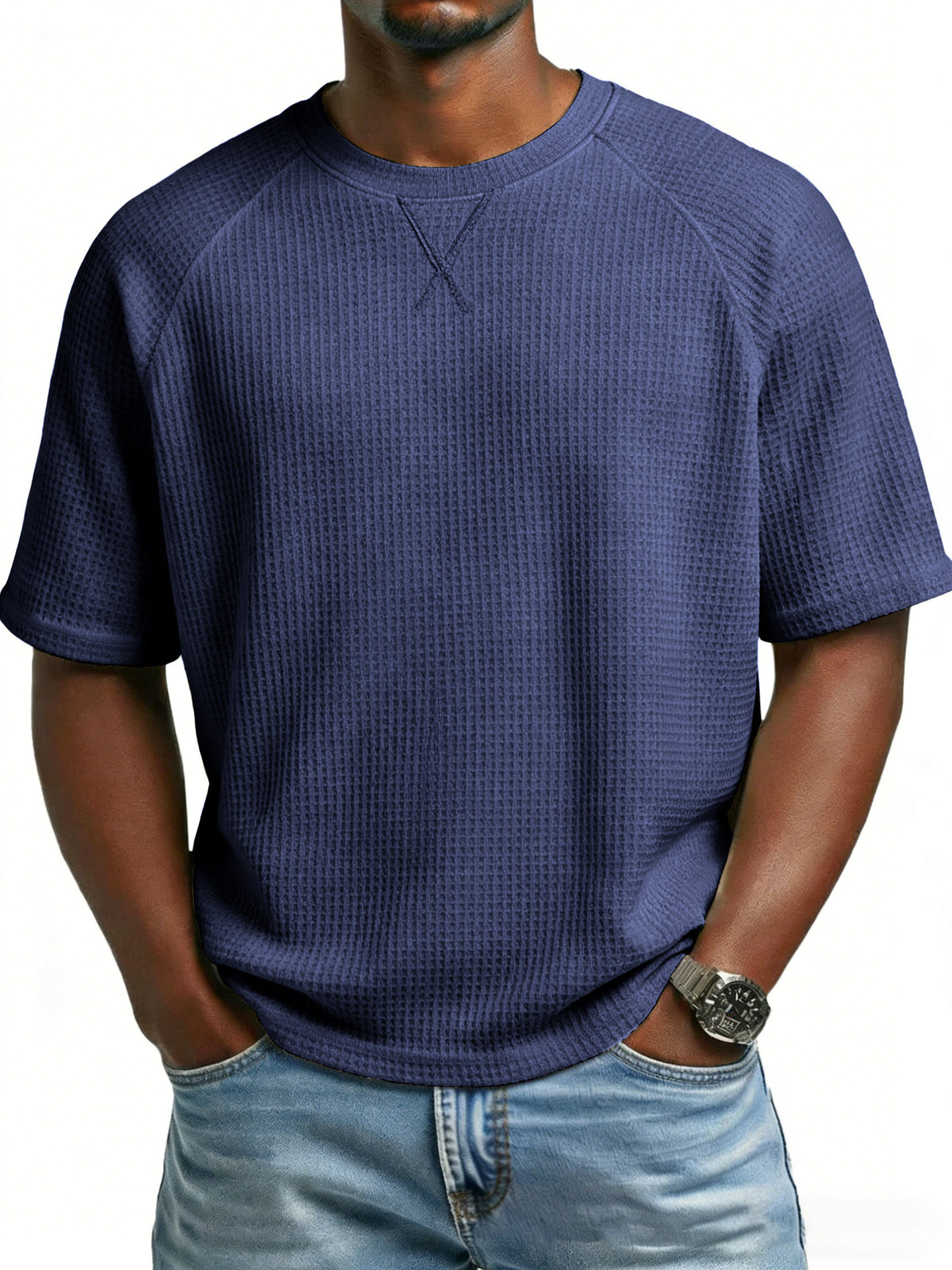 T-shirt homme en maille gaufrée — manches raglan, col rond — coloris