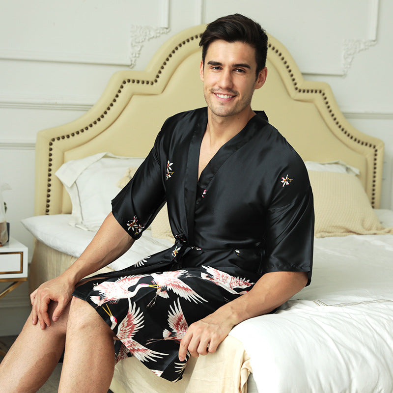 Robe de chambre mi-longue satinée à motif imprimé
